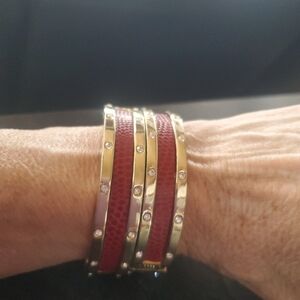 Gold Tone & Red Enamel Hinged Bangle Bracelets – Set of 2